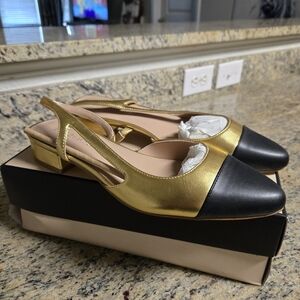 BCBGeneration Gold and Black Pointed Slingback Flats
